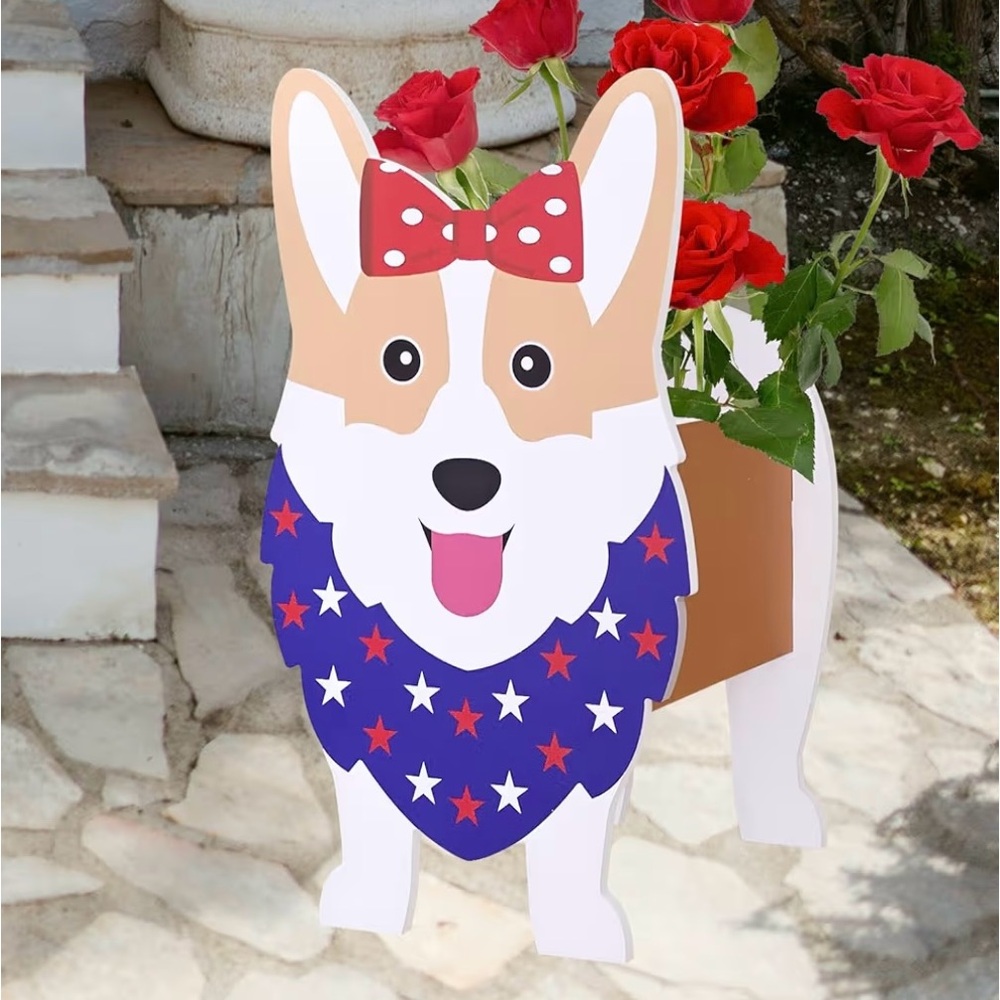 Corgi Dog Planter with Red and Blue Accents